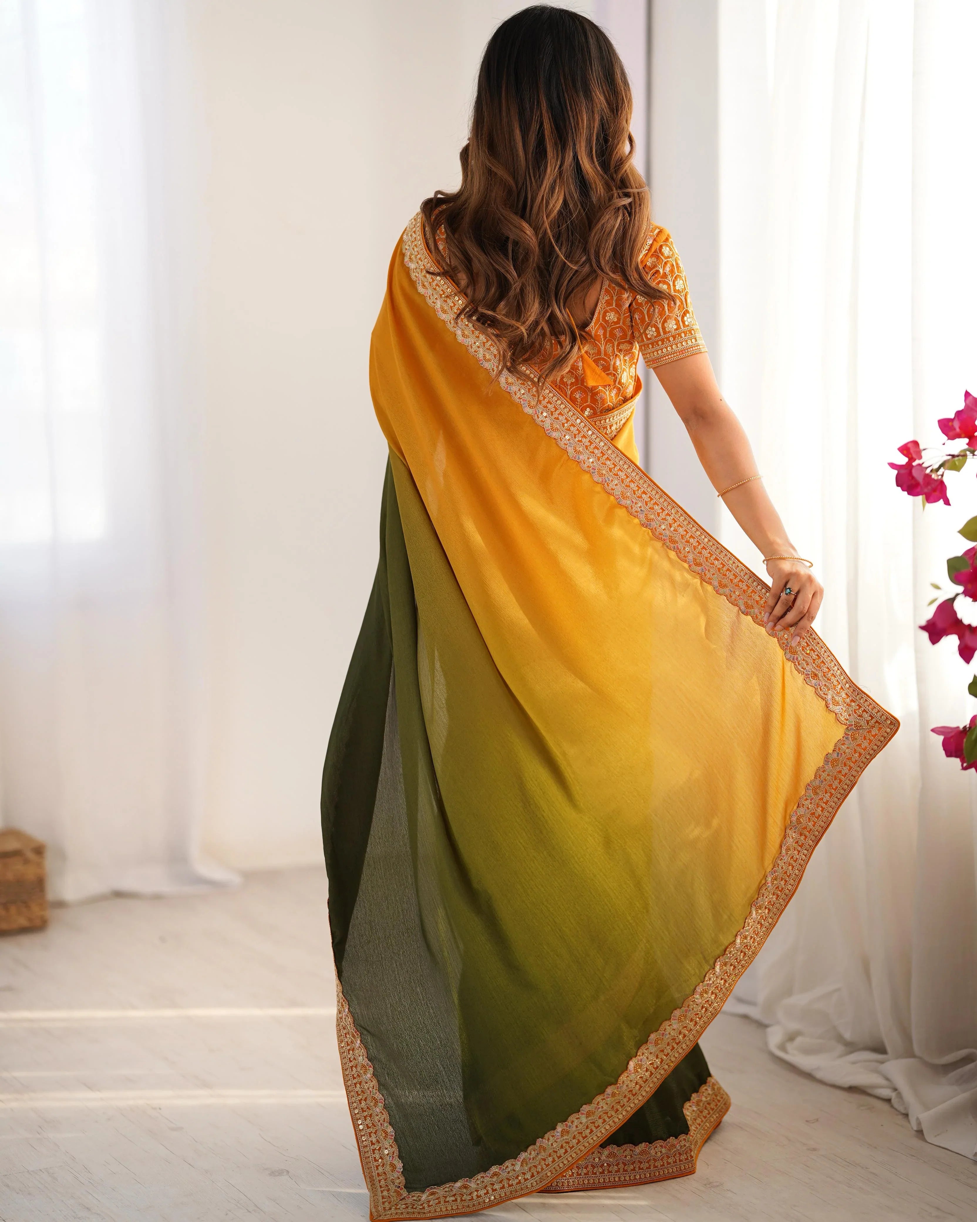 Beautiful Two Shade Chinon Silk Party Wear Saree