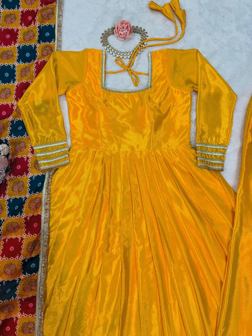 Haldi Special Yellow Gown In Silk Fabric With Fully plazzo With Multi Digital Print Lace Work Dupatta