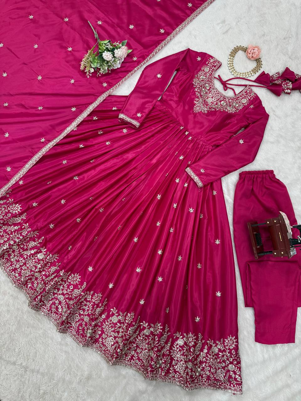 American Silk Plain Work And Thred With Sequence Work Gown