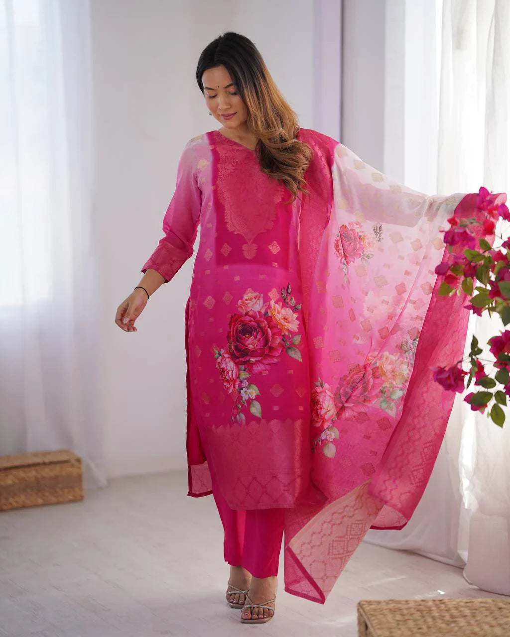 Women's Premium Chanderi Silk With Jacqard Print Dupatta Top Pant Set