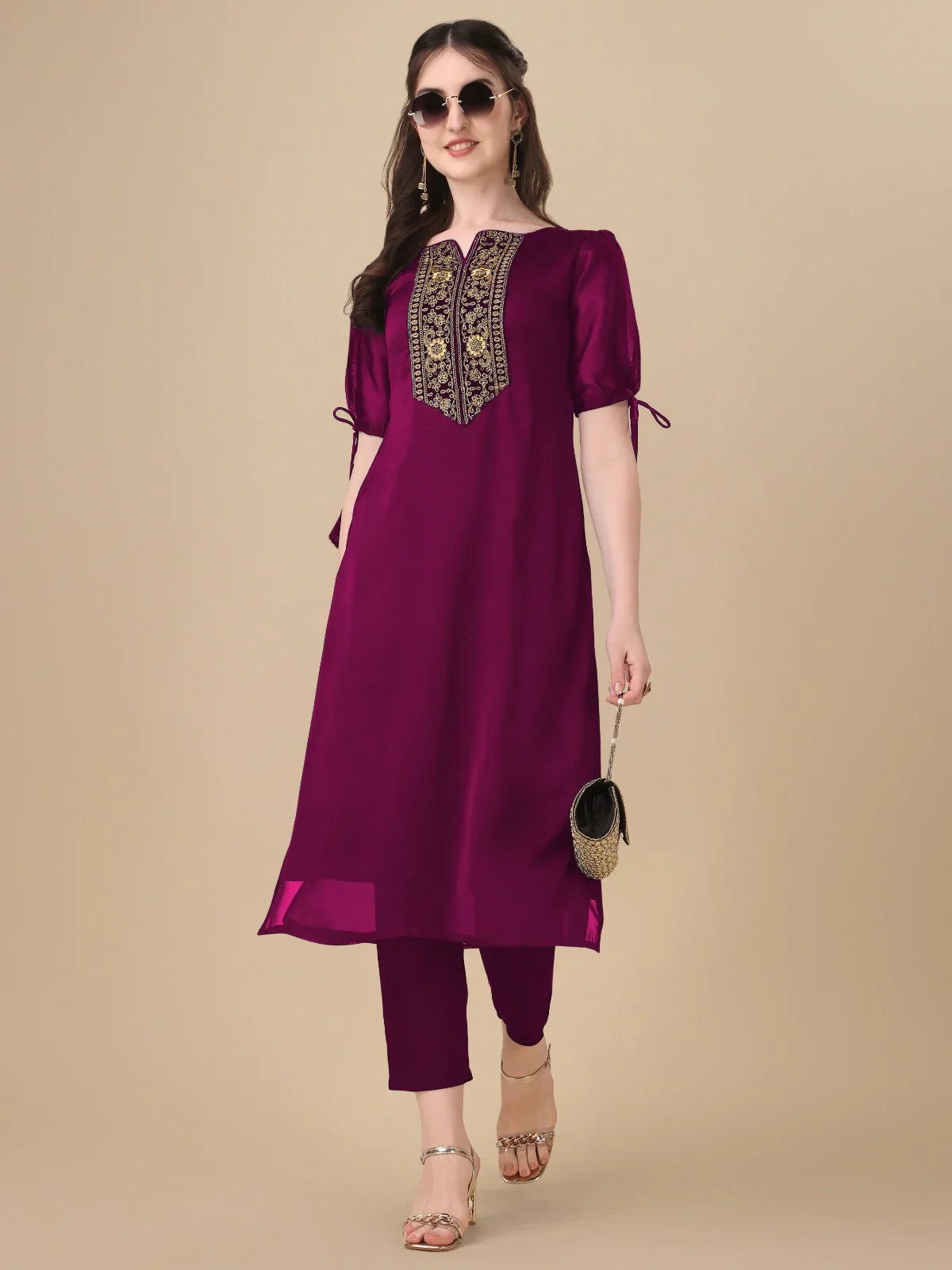 Art Sillk With Embroidery Work And Half Sleev Top Pent