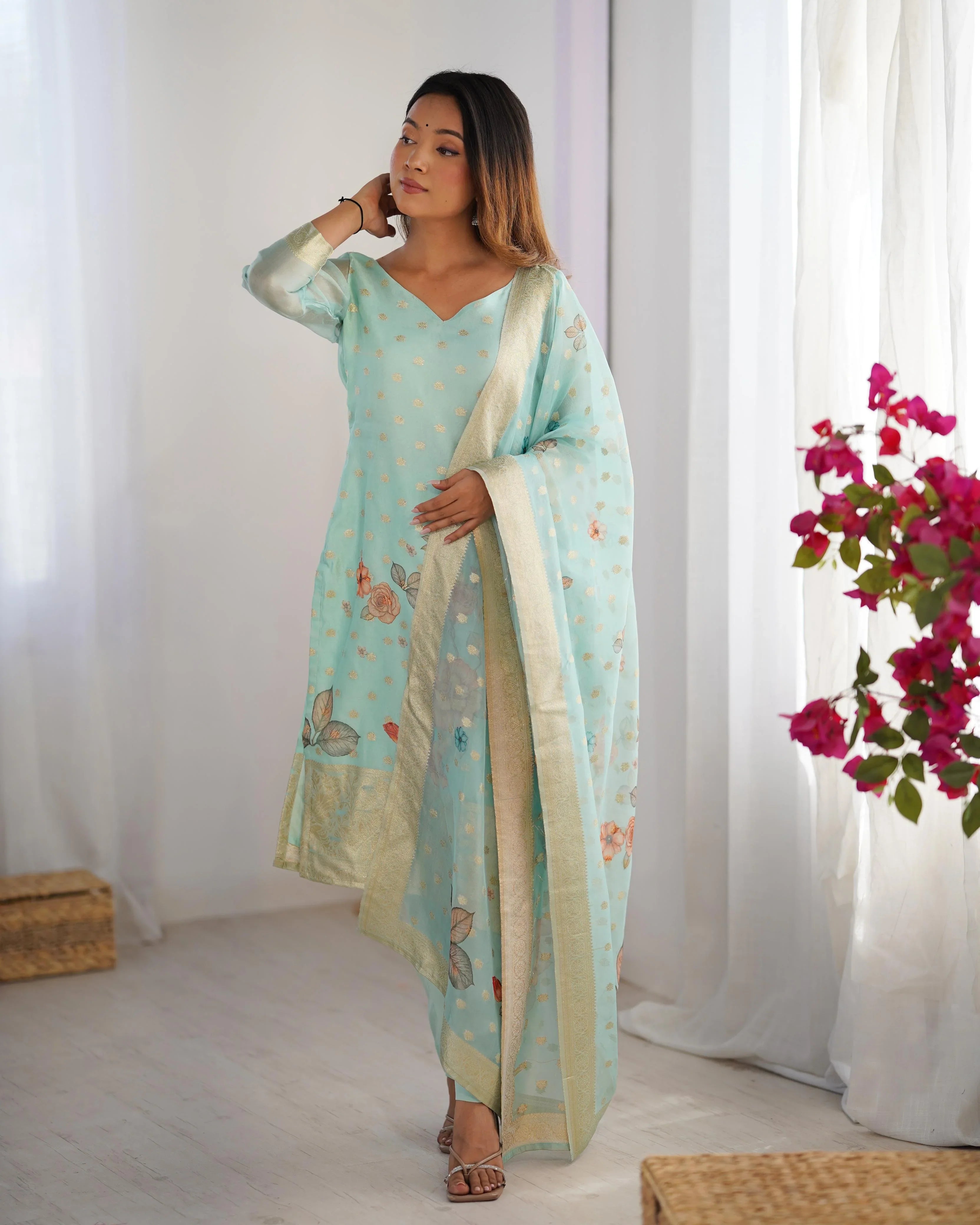 Women's Premium Chanderi Silk With Jacqard Print Dupatta Top Pant Set