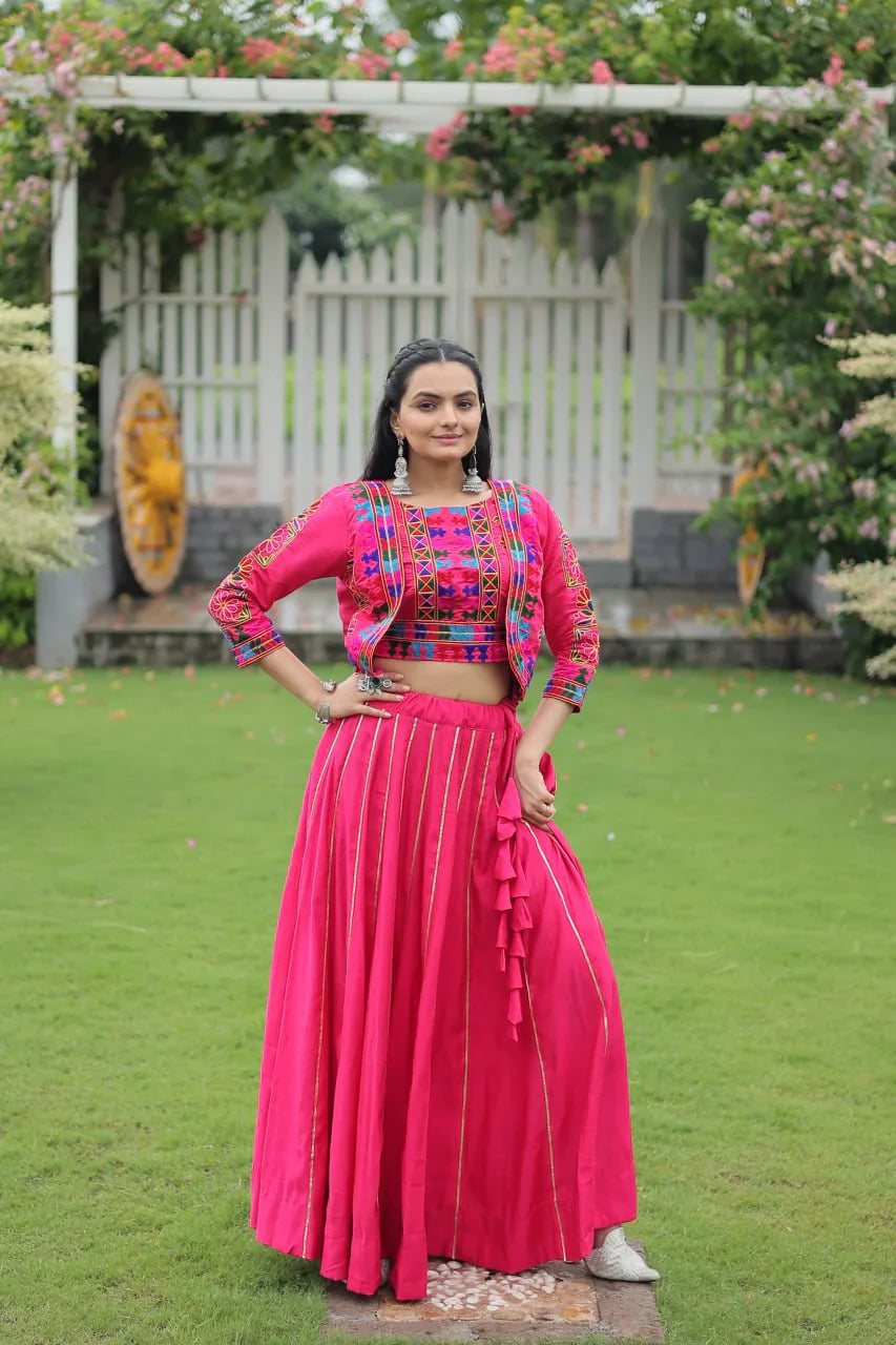 Navratri Special Roman Fabric Attractive Gota Patti Lace Work Lehenga