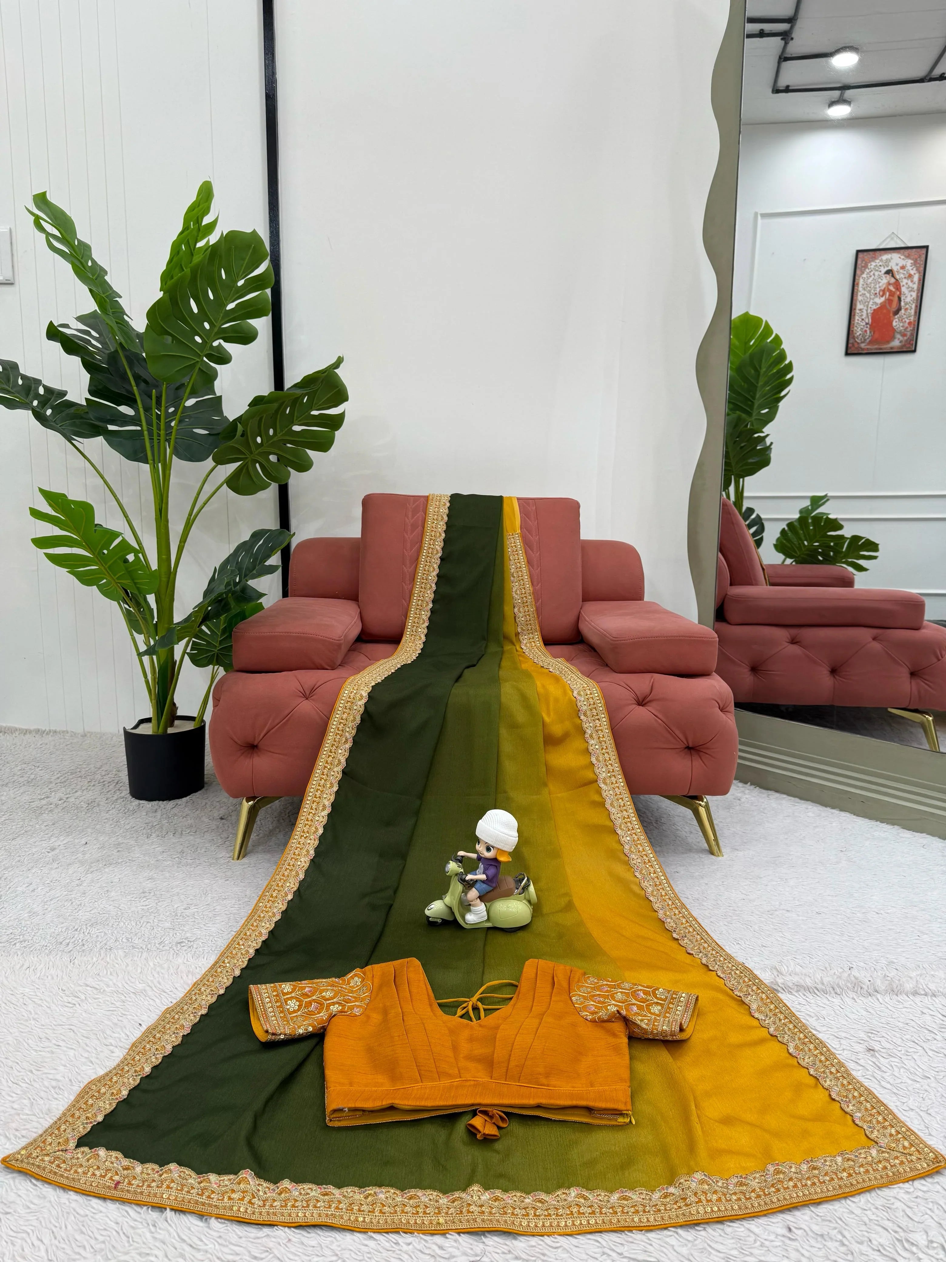 Beautiful Two Shade Chinon Silk Party Wear Saree