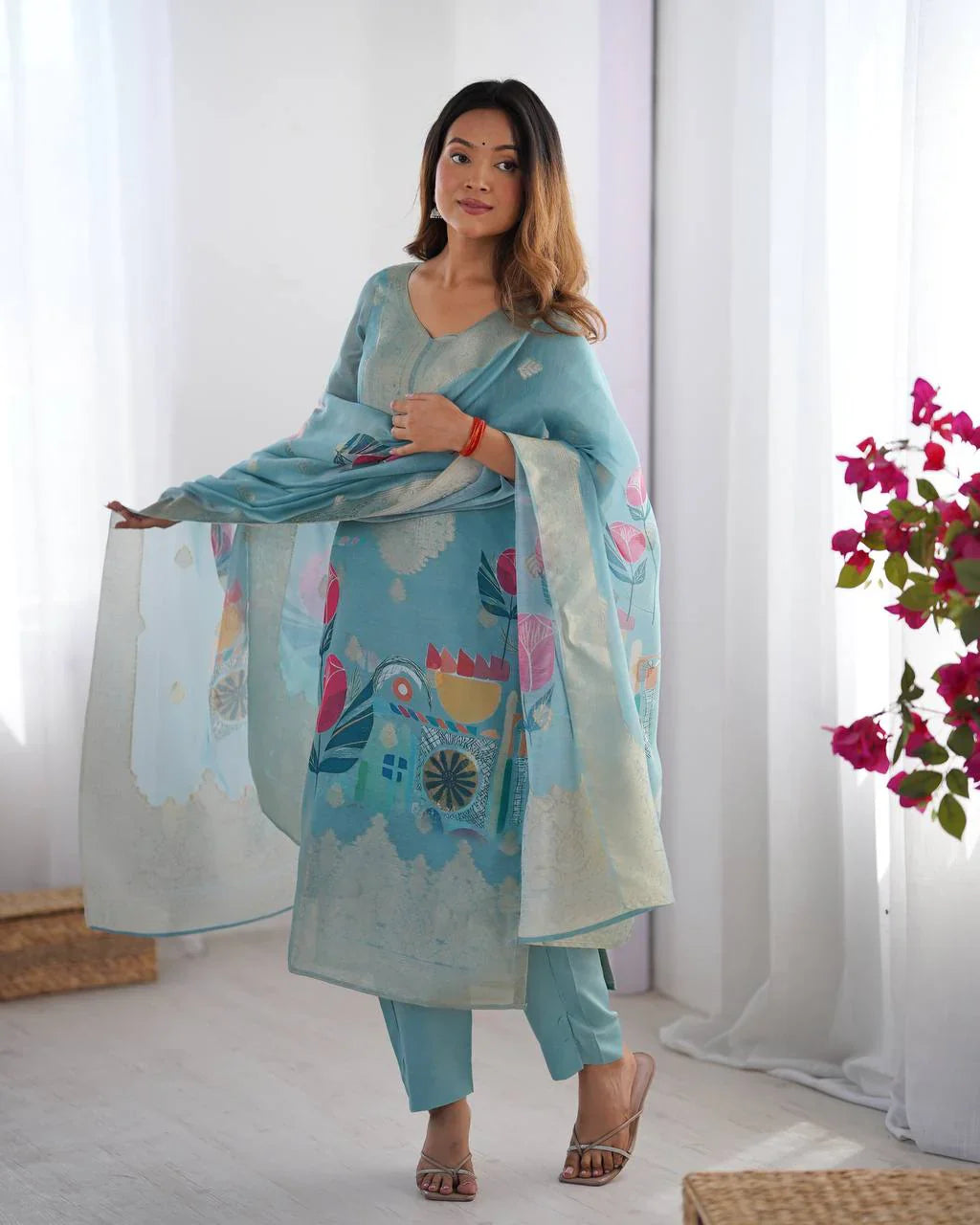 Women's Premium Chanderi Silk With Jacqard Print Dupatta Top Pant Set