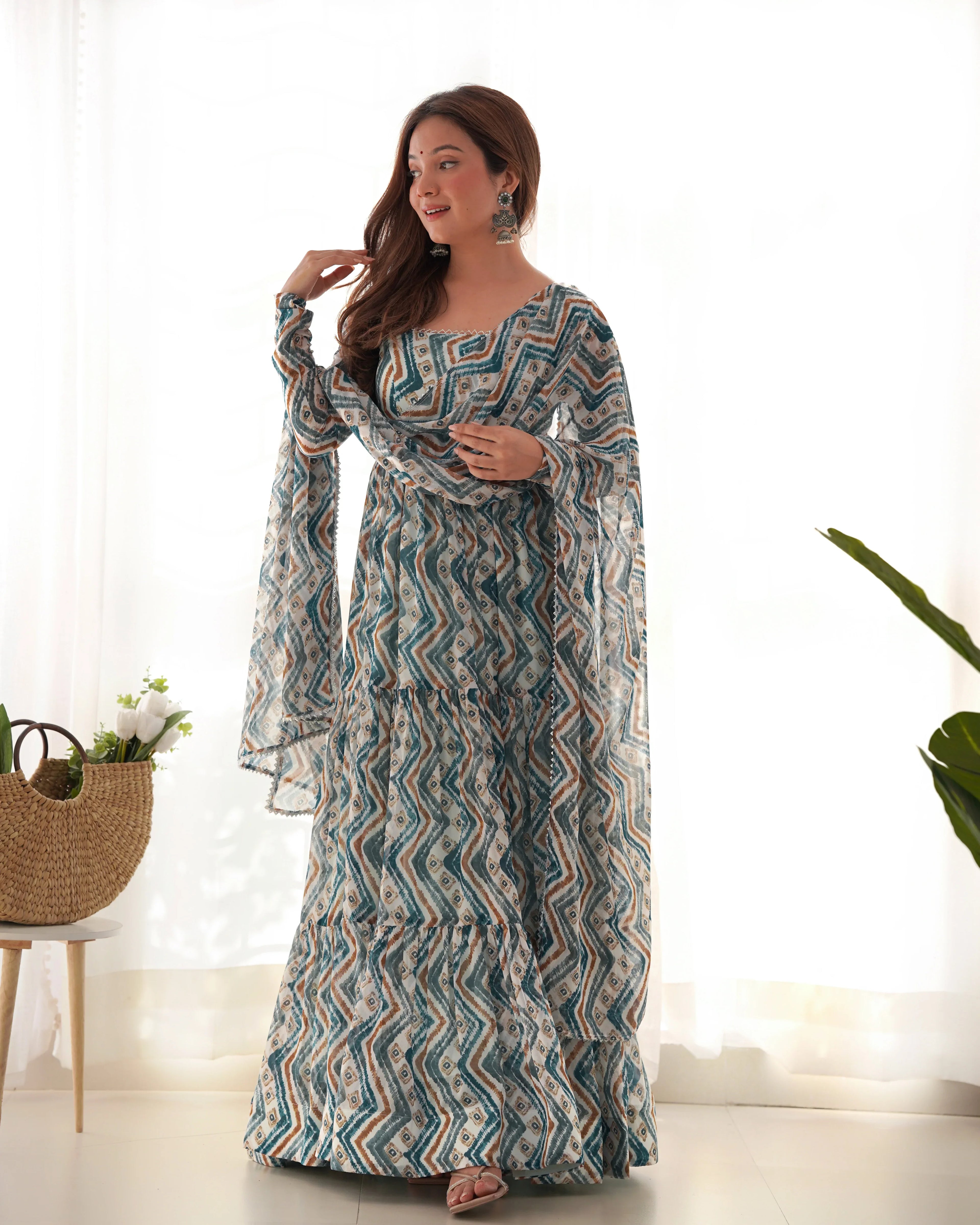 New Zigzag Printed 7 MTR Flair Anarkali Gown
