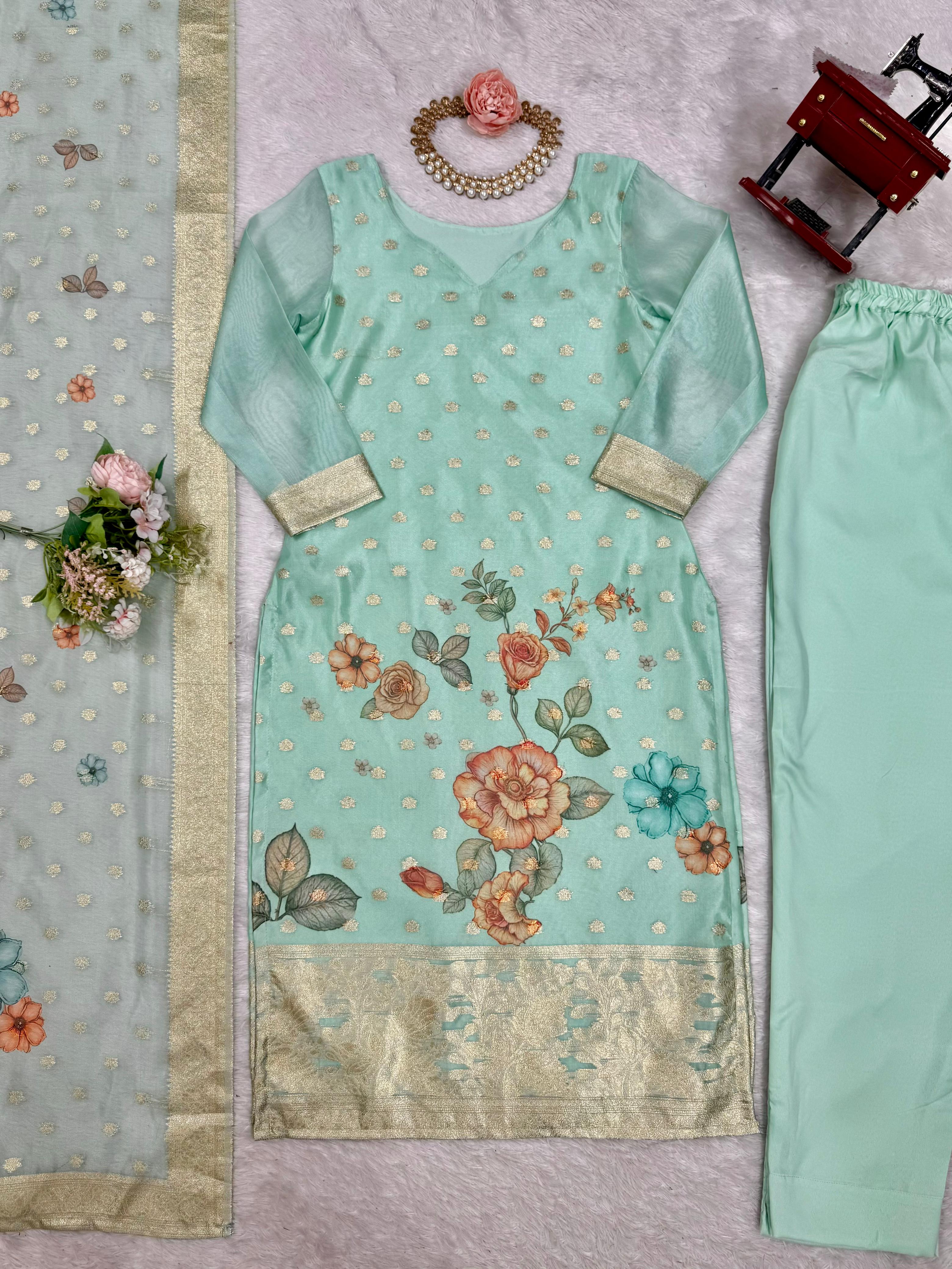 Women's Premium Chanderi Silk With Jacqard Print Dupatta Top Pant Set